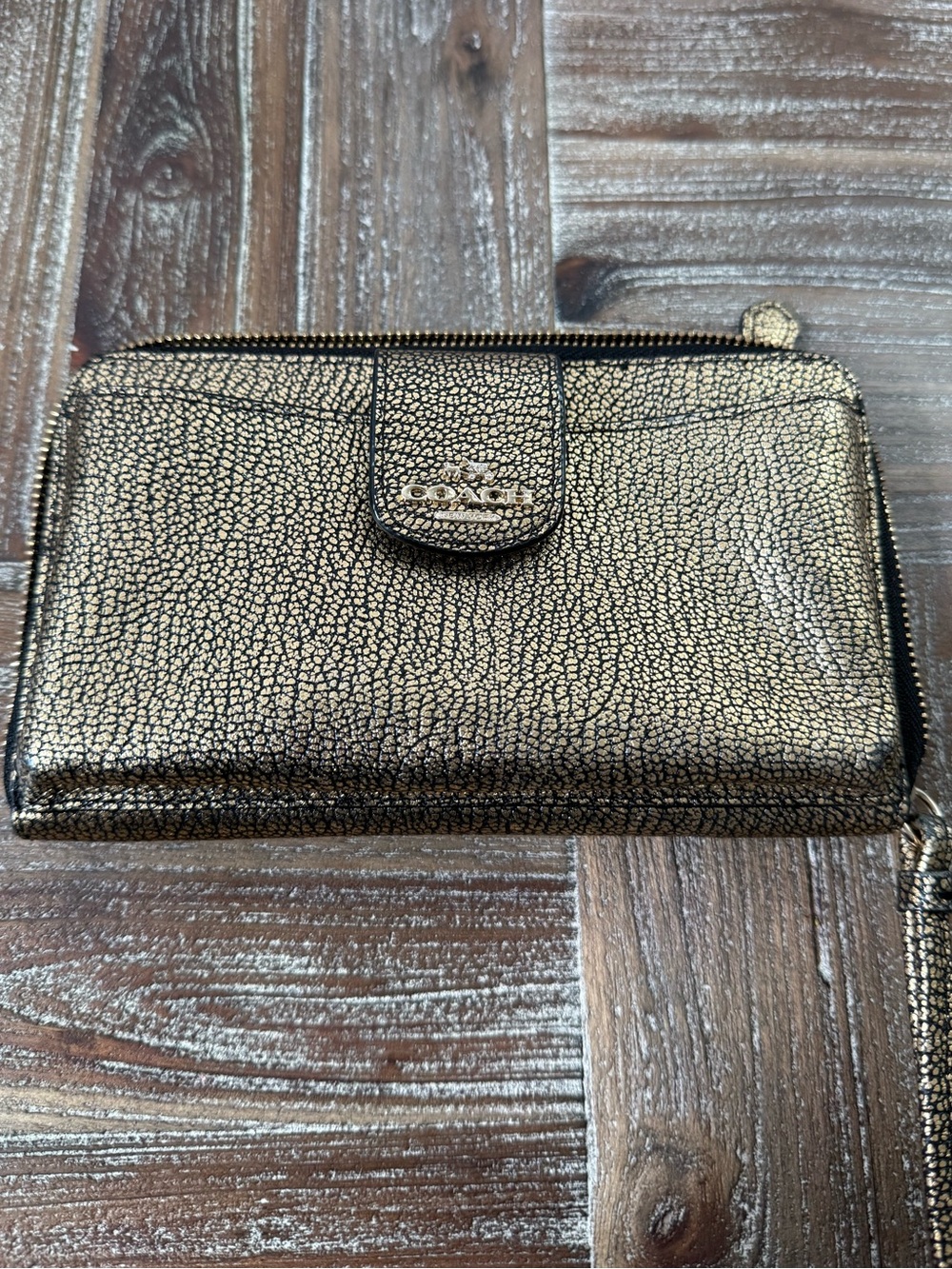 Coach Metallic Crackle Gold Leather Wristlet Wallet